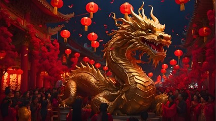 A vibrant Lunar New Year celebration: a majestic, golden dragon statue with intricate scales basks in the warm glow of countless red lanterns, while revelers in traditional dress cheer and fireworks i