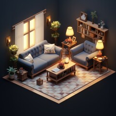 Art deco living room in an isometric 3D render.