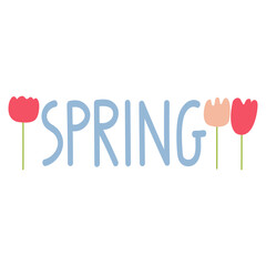 Word - Spring. Cute flowers. Flat design. Horizontal banner. Vector illustration