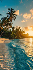 Fototapeta na wymiar tropical beach view at sunset or sunrise with white sand, turquoise water and palm trees