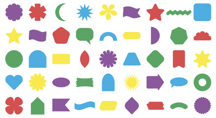 Set of children's colorful figures emblems stickers frames and stickers isolated on a white background. Simple abstract geometric shapes. Set of design elements. Vector illustration.