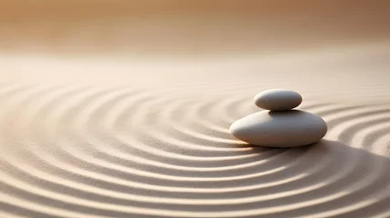 Photo sur Plexiglas Pierres dans le sable Zen stones with lines on the sand. Spa therapie and meditation concept