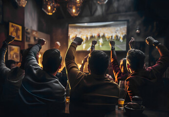 back, rear view of Group of young friends drinking beer watching football on tv screen at sports bar. people watching a match in a sports bar. fans watching a game in pub, celebrate goal Generative ai