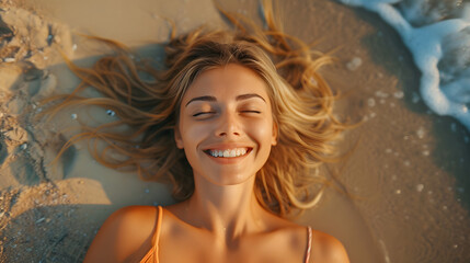 Beauty happy blonde woman laying on the beach in relax pose, smiling, dreaming, top down view, summer holiday vacation concept