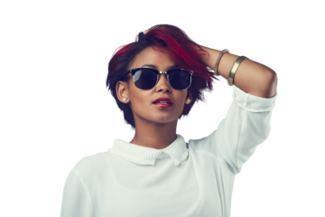 Fashion, serious and face of woman with sunglasses on isolated, png and transparent background Confidence, beauty and person with red hair in stylish clothes, trendy accessories and casual clothes