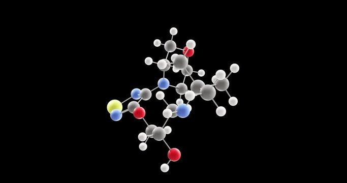 Timolol molecule, rotating 3D model of non-cardioselective beta blockers, looped video on a black background