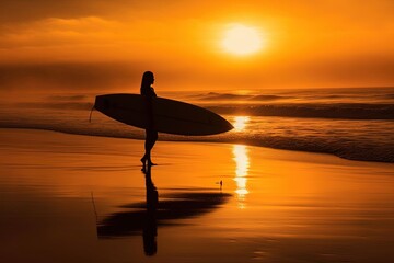 Fototapeta na wymiar Sunset Surfer Girl: Beach Scene with Orange Skies and Reflecting Surfboard