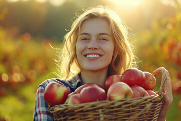 Fototapeta na wymiar Orchard Joy: Blond Woman with a Basket of Apples 