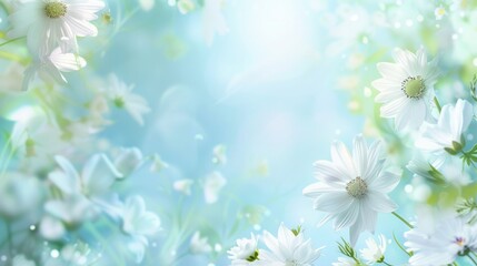 Spring or summer season frame with blooming white flowers on blurred abstract light blue background