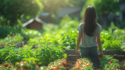 In the summer, a girl is planting tomatoes in her garden, which includes an apple tree, swings, a chicken coop, garden beds, strawberries, and a chicken coop.