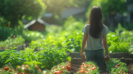 Badezimmer Foto Rückwand Heringsdorf, Deutschland In the summer, a girl is planting tomatoes in her garden, which includes an apple tree, swings, a chicken coop, garden beds, strawberries, and a chicken coop.