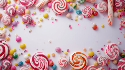 Assorted gummy candies. Top view. Jelly  sweets. Colorful lollipops and different colored round candy. Top view. Colorful candy and fruit jelly jujube on a white background. colorful swirl lollipop. 