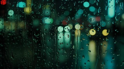 Raindrops on a glass window with a backdrop of city lights creating a bokeh effect on a dark, rainy night.
