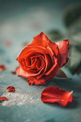 closeup macro photo of a beautiful red rose, lying on a table with one petal next to it, soft pastel colors, Valentine’s Day vibes