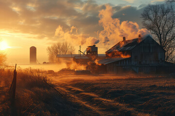 Fototapeta premium Golden Sunrise Over a Misty Countryside: Serene Beauty of Nature