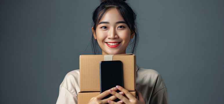 A smiling beautiful Asian woman holds cardboard boxes and a smartphone in her hands. Delivery, online shooping concept. Bokeh effect.