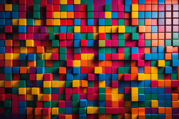 A multicolored background with squares of different colors, color field, chromatic, rich color palette, pixel perfect cube wall