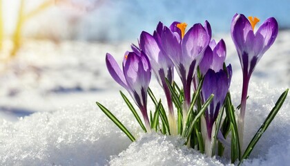spring snowdrops flowers violet crocuses crocus heuffelianus in snow with space for text