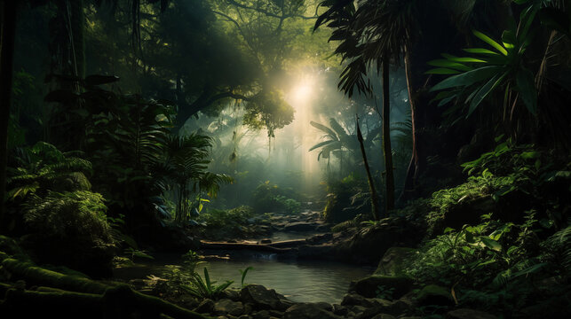 Fototapeta Forest jungle landscape with sun rays