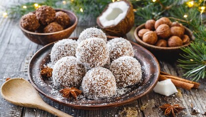 rum balls in coconut traditional unbaked czech sweets for christmas and winter raw sweet food with cocoa and coconut