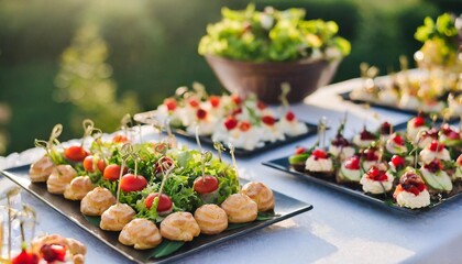 beautifully decorated catering banquet table with salads and profiteroles variety of tasty delicious snacks on the table