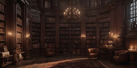 Old library interior with bookshelf and wooden floor. 3d rendering - obrazy, fototapety, plakaty
