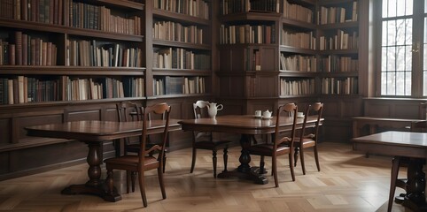 Luxury library interior with bookshelf and stairs. 3d render