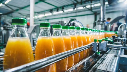 juice bottles with fruit on a conveyor belt beverage factory operates a production line processing...