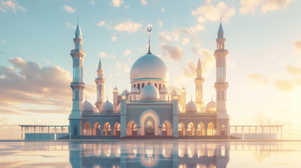 Ramadan kareem or eid mubarak,eid ul fitr or eid ul adha, Islamic Background Banner of big white Mosque at sunset