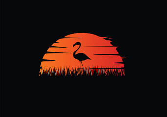 Flamingo in the Sunset Silhouette. Nature and birds concept vector art
