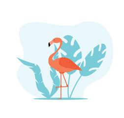 Flamingo with Tropical Leaves Illustration