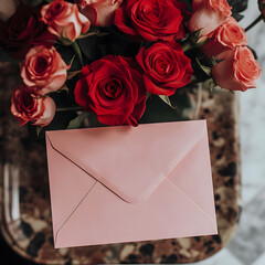 High-angle flatlay photo of the back of a pink envelope, lying on a table with red roses in a vase, in a pastel home.