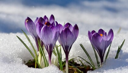 purple crocuses growing through the snow in early spring