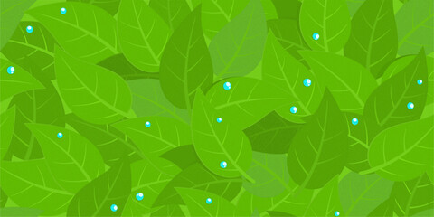 Fototapeta na wymiar Trendy Seamless Abstract Pattern With Green Leaves And Water Drops Vector Illustration Background