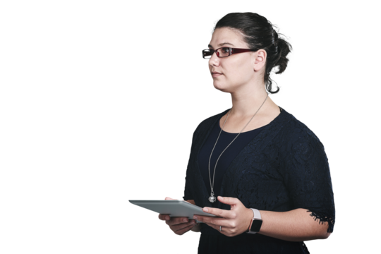 Research, tablet and portrait of woman networking on social media, app or internet for communication. Serious, digital technology and female person read blog on website by transparent png background.