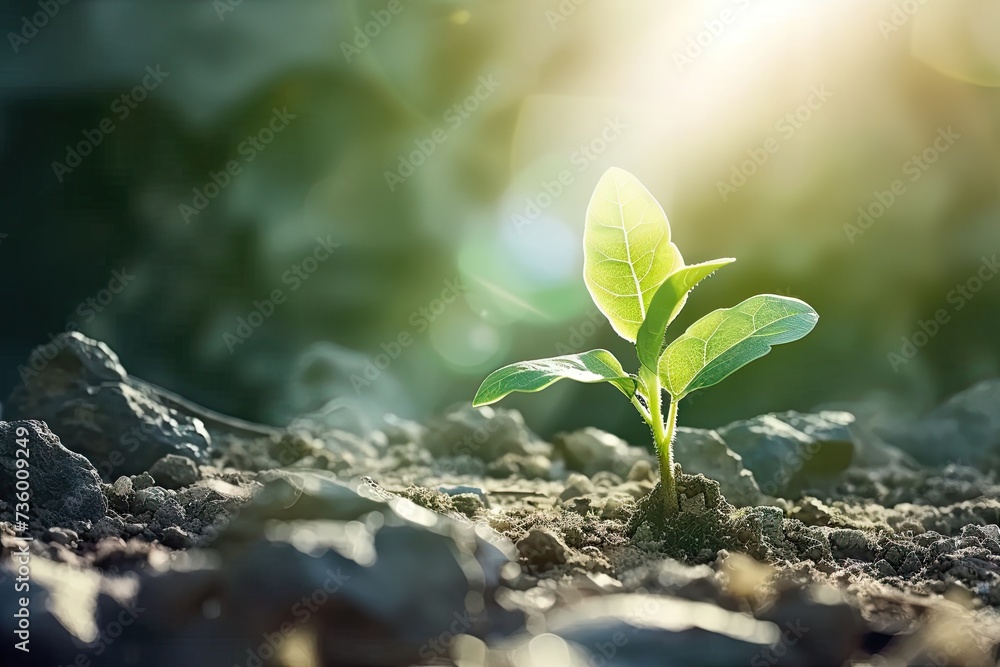 Wall mural Nurturing embrace of earth young sapling symbolizes miraculous journey of growth and life in heart of nature small but resilient plant set against backdrop of fertile soil is vibrant and gardening