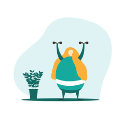 Obese Woman Exercising Flat Style. Workout and healthy lifestyle concept vector art