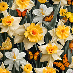 Seamless pattern with daffodils. narcissus and butterfly