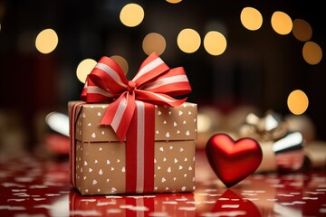 gift in a kraft box with a red bow