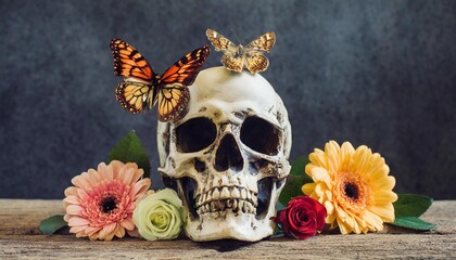 vintage goth skull design element set with butterdlies and flowers