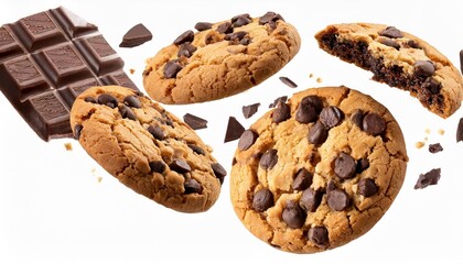 flying chocolate chip cookies with pieces of chocolate isolated on white background high resolution image