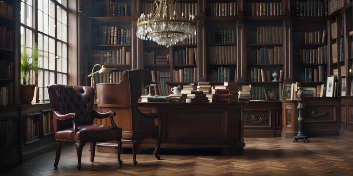 Classical library interior with bookshelf and armchair. 3d render
