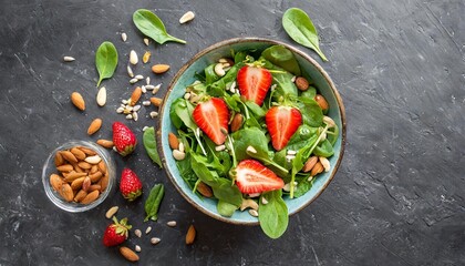 diet salad with strawberries arugula spinach nuts and pumpkin seeds in a bowl on a black stone background top view flat lay copy space