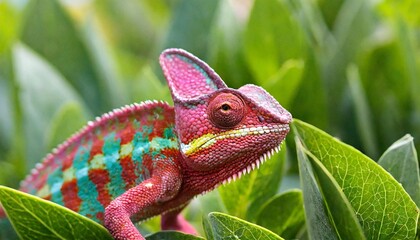 a vivid pink chameleon with detailed scales and bright eyes nestled in lush green leaves - obrazy, fototapety, plakaty