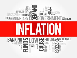 Inflation is an increase in the general price level of goods and services in an economy, word cloud concept background