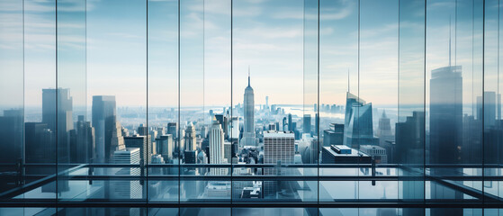 Bustling city, seen through the glass window of a towering high-rise building. Abstract background design. Geometric perspective angle - obrazy, fototapety, plakaty