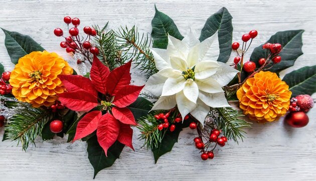 christmas decoration flowers of white yellow and orange red orange poinsettia branch christmas tree berries mistletoe red berries on white background with space for text top view flat lay