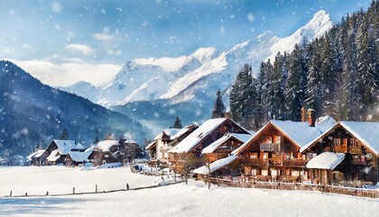 snowy village in watercolour style banner