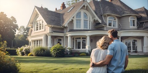 Young couple standing in front of their new house. They are looking at each other