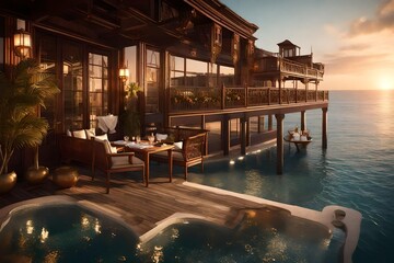 interior room decoration and design with transparent glass window and lights in the room with roof ceilings and bedroom set  